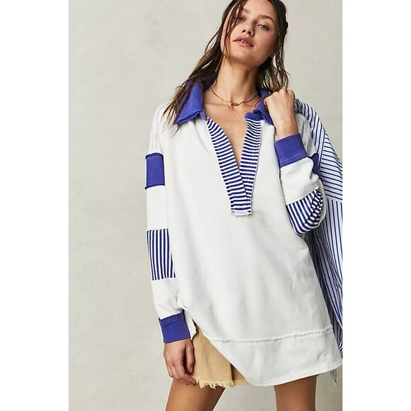Free People We The Free Clean Prep Polo Pullover Top Oversized Striped L 282800 - Picture 1 of 9